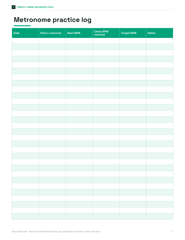 Preview of Printable Practice Tempo Log